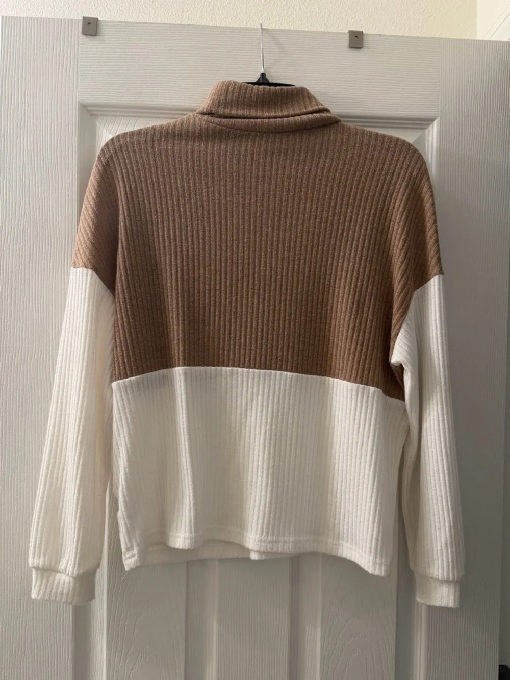 SHEIN Two-Tone Ribbed Turtleneck Sweater - Brown & White - Picture 2 of 3